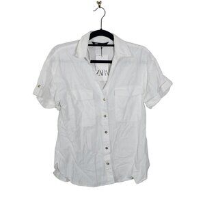 Zara White Button Down Short Sleeve Top SZ S Gold Buttons Front Pockets